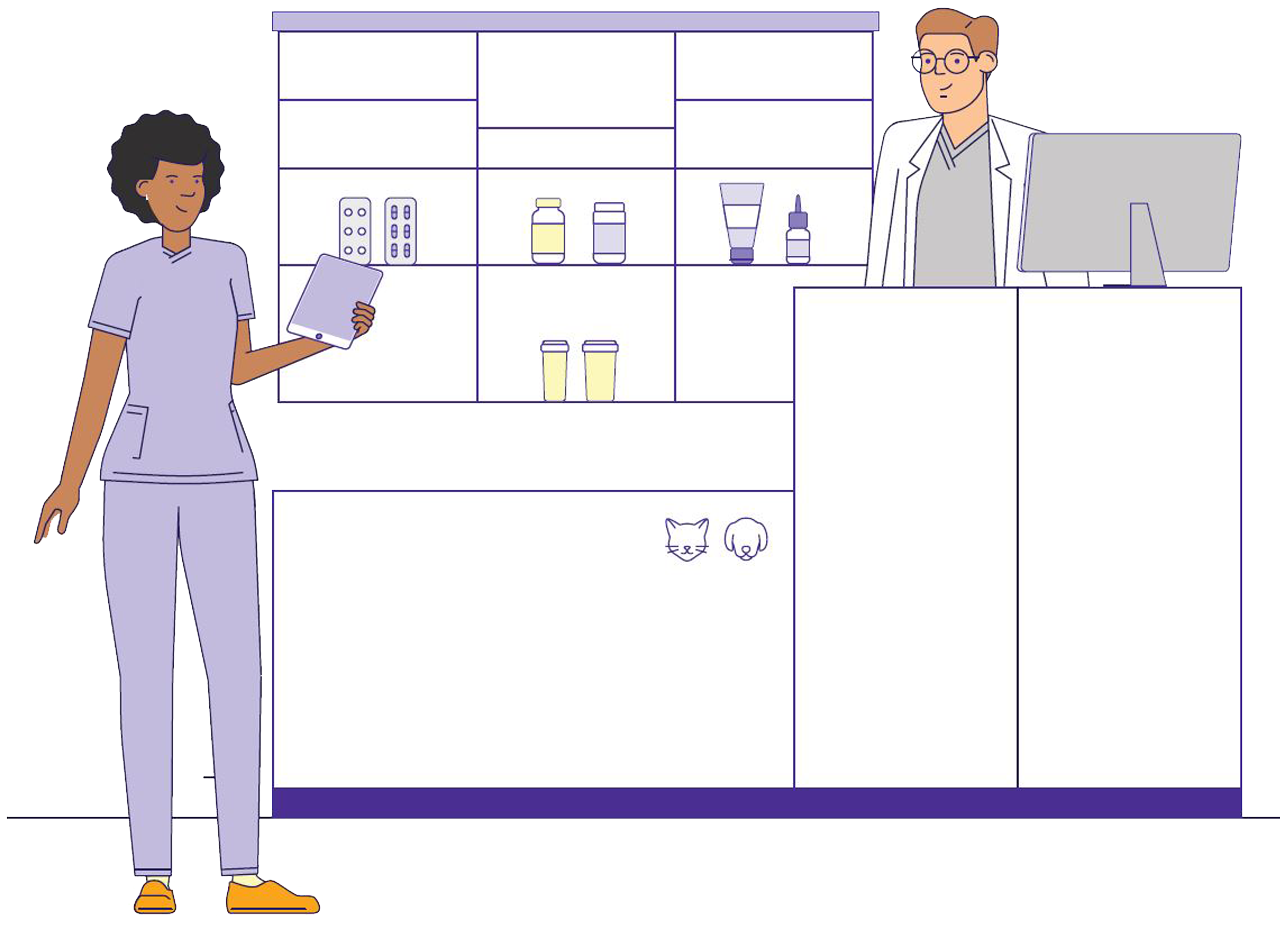 Animation of vet and vet tech in veterinary office